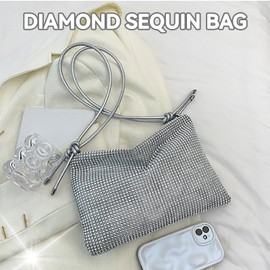 Fonyiunce Women's Glitter Bag, Glitter Evening Bag, Shoulder Bag, Evening Bag, Women's High Capacity with Zip, Adjustable Shoulder Strap, Elegant Bag, for Wedding, Party, Leisure, silver