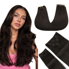 MAXITA Clip in Hair Extensions Real Human Hair, 9pcs 150g 16 Inch Dark Brown Natural Straight Human Hair Extensions, Thick Remy Clip in Hair Extensions Double Weft Hair Extension for Women