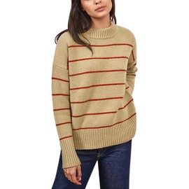 Women's Sweaters Casual Long Sleeve Mock Neck Drop Shoulder Tunic Striped Pullover Knit Sweater Tops_Brown_Small