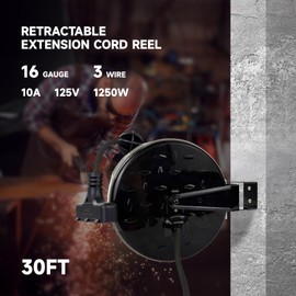 EP 30 Ft Retractable Extension Cord Reel, 16/3 SJTW Power Cord with 3 Electrical Outlets, Ceiling or Wall Mount, 10 Amp Circuit Breaker, Metal Plate, UL Listed, Gray