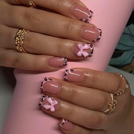 Press on Nails Short Square Fake Nails with 3D Bow Designs Leopard French Tip Nails Press ons Glossy Glue on Nails Nude Acrylic Nails Spring False Nails Summer Stick on Nails for Women 24Pcs