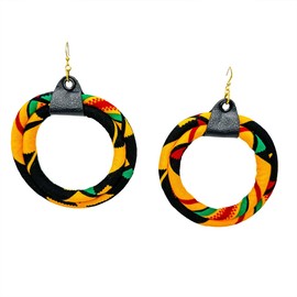 All Kente Print Hoop Earrings | Yellow, Black, Red, Green Large African Earrings | Traditional Kente Print Earrings | Cloth & Cord