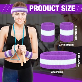 Eurzom 36 Pcs Bulk Sweatband Set - 12 Striped Sweat Absorbing Headbands and 24 Striped Cotton Wristbands for Gym, Sports (Purple, White)