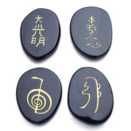 CrystalTears Black Agate Engraved Usui Reiki Symbols Chakra Stones Healing Palm Stone Decoration w/Box 4pcs