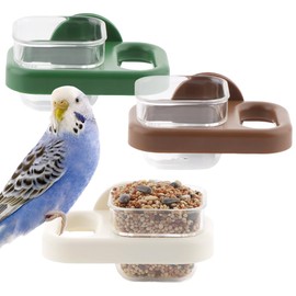 3 Pack Bird Cage Feeder Portable Bird Plastic Feeding Dish Cup Detachable Bowl with Perch for Parakeet Budgies Cockatiel Lovebird Small Birds (Square Cup)