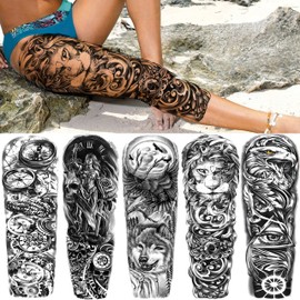 FANRUI 24 Sheets Cool Super Large Full Arm Temporary Tattoo Sleeve For Men with 8 Sheets Full Sleeve Temporary Tattoos For Women Thigh, 16 Sheets Large Flower Eagle Compass Adults Tribal Tiger Tatoo