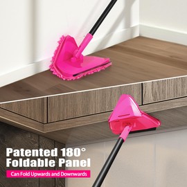 JEHONN Wall Mop with Long Handle 80 inches, Upgraded 180° Collapsible Baseboard Cleaner Tool with Squeegee, Ceiling Duster with 3 Microfiber and 3 Chenille Pads for Cleaning Window, Cabinet (Rose Red)