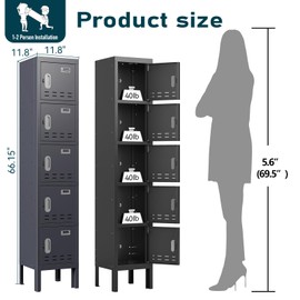 BUTISOW Metal Lockers - 66" Height Steel Lockers for Employees with 5 Door Storage Locker with Card Slot for Employees Gym School Home Office Garage - Assembly Required