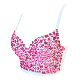 VEENDEO Women's Bustier Crop Top Corset Top Push up Rhinestone Diamond Bra Club Party Vest with Detachable Straps Pink White