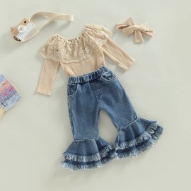 Newborn Baby Girl Clothes Infant Rib Frill Long Sleeve Romper Floral Flared Pants Headband 3pcs Fall Winter Outfits (Denim-Beige 2, 6-9 Months)
