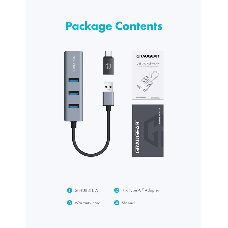GRAUGEAR | 3 Ports USB 3.0 HUB + Gigabit Ethernet
