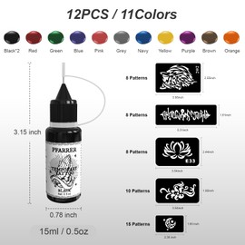 PFARRER Temporary Tattoo Kit 12 Bottles Color Temporary Tattoo Ink,49 Big Pcs Stencils Kit for Body Paint DIY Fake Tattoos for Kids ZYH2309002KIT