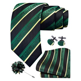 GUSLESON Dark Green Tie for Wedding Mens Silk Black Yellow Striped Necktie Pocket Square Cufflinks and Lapel Pin Brooch Set (6108-38)