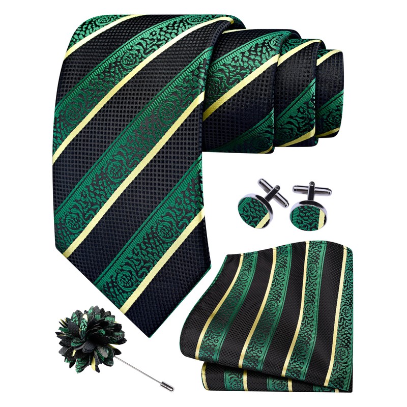 GUSLESON Dark Green Tie for Wedding Mens Silk Black Yellow