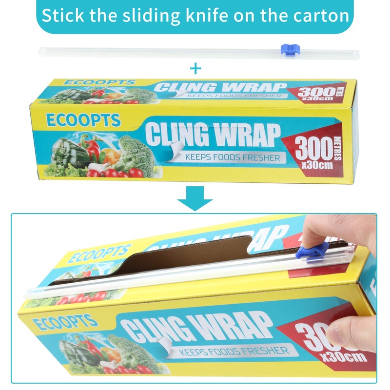 ECOOPTS Cling Wrap Plastic Food Wrap with Slide Cutter and