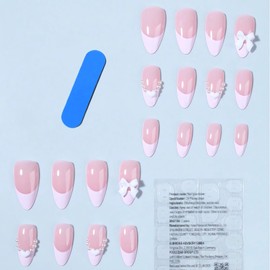 SINSEN Pink French Tip Almond Press on Nails Medium Length Fake Nails 3D White Bow Heart with Pearl Glue on Nails Valentine’s Day False Nails Tips Glossy French Glue on Nails Heart Stick on Nails for Women