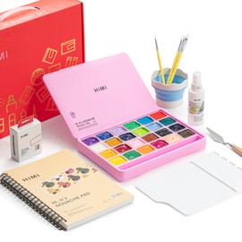 HIMI Deluxe 24 Colors Jelly Gouache Paint Gift Set – Complete Art Kit with Pad, Spray, Palette, Brushes, Painting Knife, Foldable Bucket & Refills for Beginners, Students & Artists