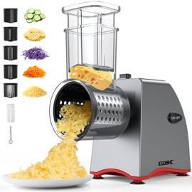 Rallador de Verduras Eléctrico 5 en 1 Rallador de Queso Eléctrico 250 W con 5 Cuchillas de Acero Inoxidable Rebanador de Papas Automático Cortador Multifuncional para Queso, Frutas, Verduras