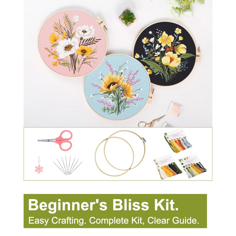 Santune 3 Pack Flower Embroidery Kit for Beginners Adults Cross