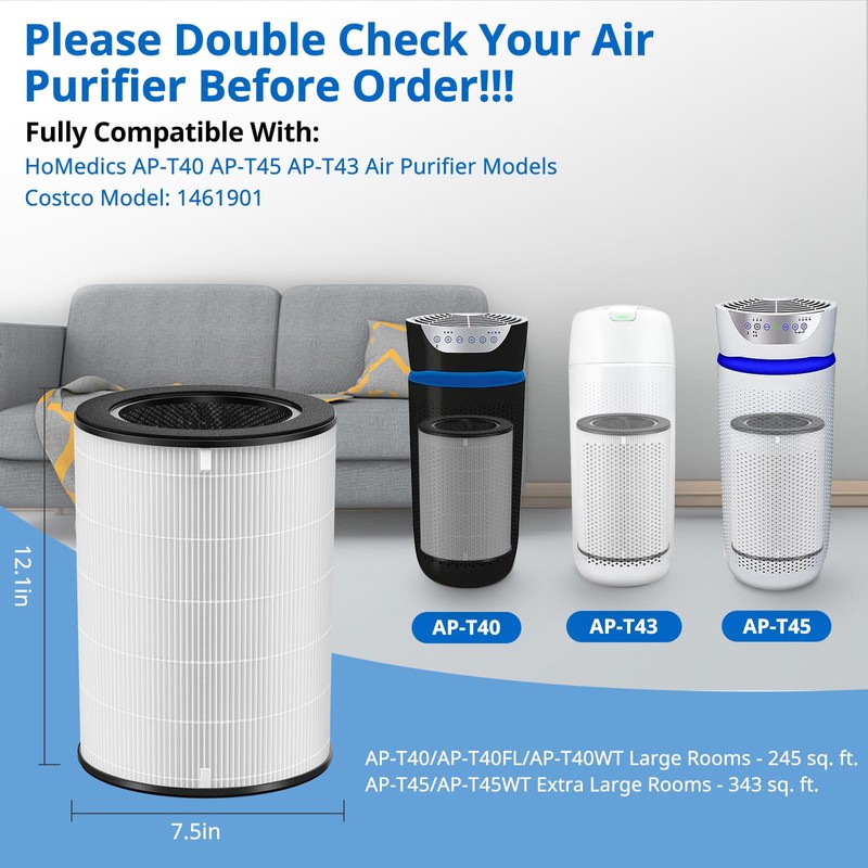 2 Pack AP-T45 AP-T40FL HEPA Replacement Filter Compatible with 1461901