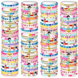 Equsion 150 Pcs Preppy Heishi Bracelets Set Friendship Bracelets Bulk Adjustable Stretch Beaded Bracelets Colorful Clay Bracelets Bohemian Aesthetic Jewelry for Women Christmas Birthday Party