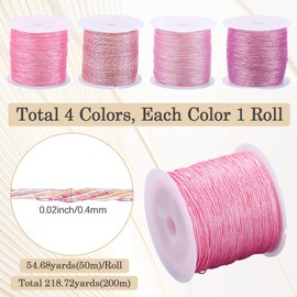 CABODYALS 4 Rolls 200M Pink Kumihimo Metallic Silk Glitter Thread Cords Satin Beading Polyester Shiny Knotting Nylon String Roll Braid Cord for Sewing Making Bracelets Necklace Macrame Craft