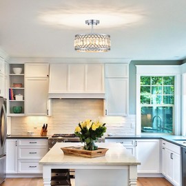 Pevfah Crystal Chrome Ceiling Light, Modern Semi Flush Mount Ceiling Lighting Fixture, Round Hallway Lighting Fixtures Chandelier for Kitchen Entryway Bedroom Dining Room, 3-Light, 12.2 Inch