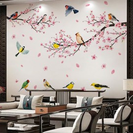 Arawat Wall Stickers & Murals Tree Wall Decals Peel and Stick Cherry Blossom Wall Stickers for Bedroom Living Room Bathroom Kitchen Flower Bird Tree Wall Decals Art Decor Boho Decorative Wall Stickers