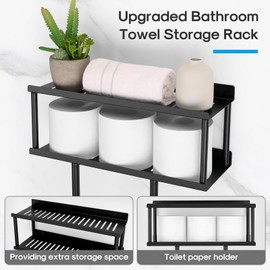 BlumWay Towel Racks for Bathroom, 31IN Bathroom Towel Storage Rack for Rolled Towels, Metal Towel Rack Wall Mounted,Towel Holder with Shelf & Storage Basket,Towel Organizer with Hooks, Black