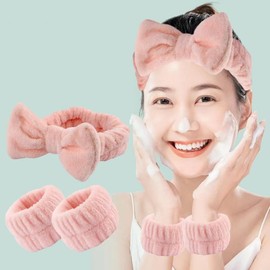 Pink Wrist Bands for Face Washing Headbands and Wristbands Pink Bowknot Spa Headband for Skincare Wrist Towels for Washing Face Head Bands for Make Up Wrist Band for Skin Care Bow Headband and Cuffs