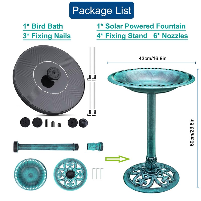 Bird Bath with Solar Fountain, 24 Inch Height Green Birdbath