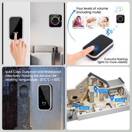 KEWUZY Wireless Doorbell, Waterproof, Dust, Outdoor Doorbell, Front Door with 60 Ringtones, 4 Volumes, Flashing LED, Doorbell Set, Wireless Range, 400 m, Black