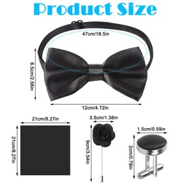 loghohu Solid Color Bow Ties for Men, Bow Tie with Lapel Pin Brooch Pocket Square Cufflinks Black Bow Tie Set 4 Pcs for Wedding Party Prom Formal Party Supplies