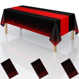 byojia 2in1 Disposable Plastic Tablecloths 54" x 108" Black and Red Dot Kitchen Table Cloth Rectangle Table Cover for Wedding Birthday Baby Shower Anniversary Christmas Graduation (Black/Red, 3 Pack)