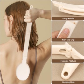 QWORK® Rückenwäscher für die Dusche, Faltbarer Eincremehilfe für Rücken mit langem Griff, mit drei Bürstenköpfen und Haken