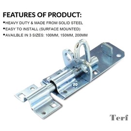 TERF® Heavy Duty Brenton Bolt Zinc 200mm (8 inch) Strong Silver Padlock bolt For Use with Gates Sheds Garage Doors Lock and Out House Doors Zinc - 200mm