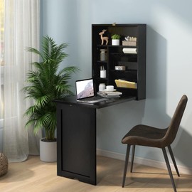 Byroce Wall Mounted Desk, Wood Collapsible Floating Desk, Convertible Computer Desk with Storage Area, Hanging Fold Out Table for Home Office, Small Spaces (Black)