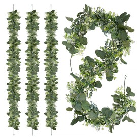 YAKESD Eucalyptus Garlands, 4 Packs 5.8FT Long Faux Eucalyptus Leaves Garland Plant with White Baby's Breath Flowers, Artificial Hanging Plant for Wedding Bouquet Flower Home Decor