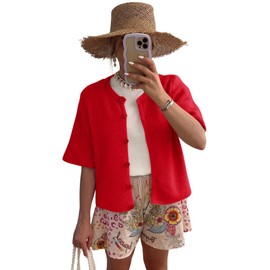 LOMON Womens Spring Summer Short Sleeve Cardigan Sweaters Trendy Crew Neck Button Down Lightweight Knit Outfit Y2k Clothes (Red, L)