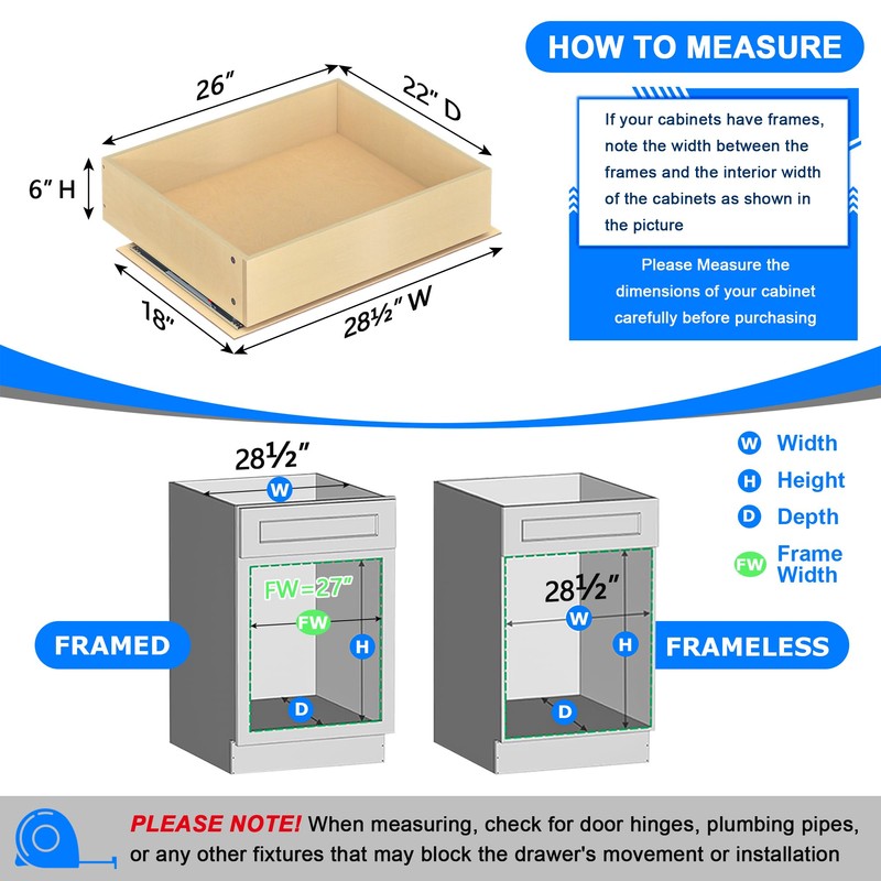WelFurGeer Soft Close Pull Out Drawer for Cabinet, 26" W