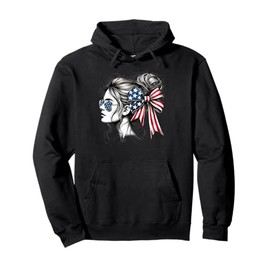 American Woman With Sunglasses And Hairy Bun USA Ribbon Pullover Hoodie