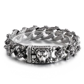 Klapgo Men's Gothic Lion Chain Bracelet - Stainless Steel Biker Bracelet for Men, 8.66" Curb Link with Flannel Pouch, Punk Jewelry,Gift for Him, Ideal for Father's Day