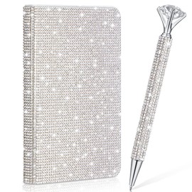 Resholder Rhinestone Notebook Pen Sets Bling Pocket Notebook Crystal Pens Mini Diamond Hardcover Glitter Diary Office Desk Accessories for Women (White,A6)