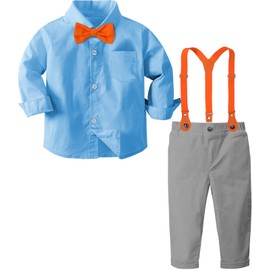 A&J DESIGN Ropa para Bebé Niño Traje Boda de Mangas Largas con Camisa, Pantalones y Tirante, Azul Gris, 2-3 Años