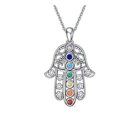 Hamsa Hand of Fatima Evil Eye Pendant Necklace Stainless Steel Lucky Protection Prayer 7 Chakra Yoga Necklace for Women Men Gift-Style B