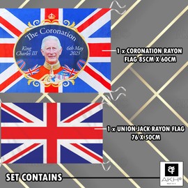 AKH® 85CM X 60CM HM King Charles III Coronation Flag 2023 with 76CM x 50CM Britain GB Union Jack UK National Flag | Flags for Kings Coronation Royal Theme Decorations Banner | With Hanging Strings