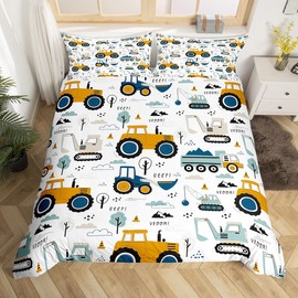 Homewish Kids Car Single Duvet Cover Set, Construction Bedding for Teenage Boy, Truck Equipment Duvet Cover Teens Room Decor, Excavator Tractor Pattern Quilt Cover with 1 Pillowcase, Reversible
