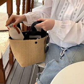 Uroi Women's Basket Bag, Straw Bag, Handbag, Spring, Summer, Autumn, With Inner Cloth, No Drawstring Bag, Lightweight Summer Bag, For Going Outings, Commuting, Outdoors, Flower Viewing, Fireworks Shows, Sea Bathing, Summer Beach, Festivals, Black