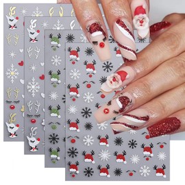 8 Sheets Christmas Snowflake Nail Art Stickers Gold Silver Elk Nail Decals 3D Self-Adhesive Red Green Glitter Santa Hat Nail Supplies Christmas Nail Stickers for Women Girls DIY Nail Design
