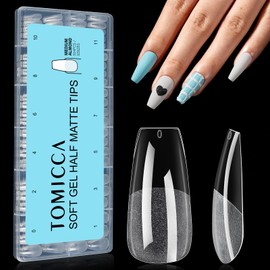 TOMICCA Soft Gel Nail Tips, 504PCS Medium Coffin Clear Half Matte Full Cover for Extensions, Pre-Buff No File Traceless for Nail Art Salon and Home DIY, 12 Sizes